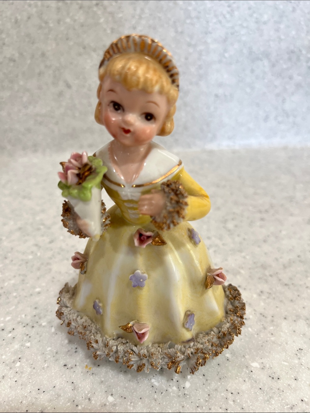 Vtg Ceramic Blonde Girl In Yellow Gown Spaghetti Trim Holding Flowers MCM Decor